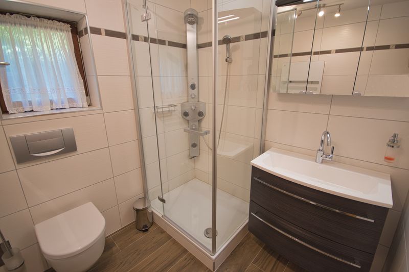 Badkamer met douche en wastafel