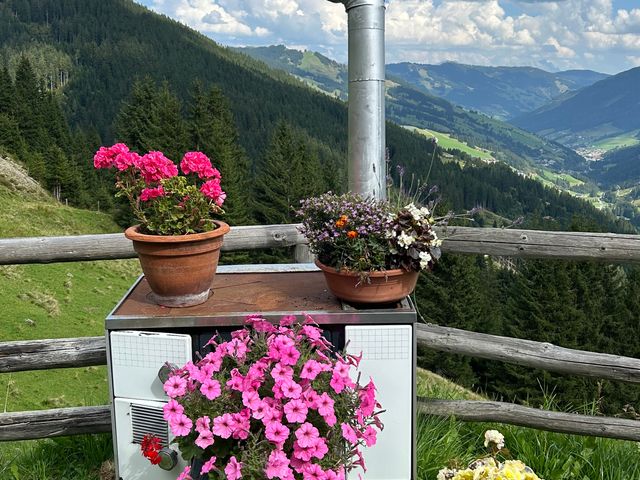 Blumengeschmückter Ofen auf einer Alm